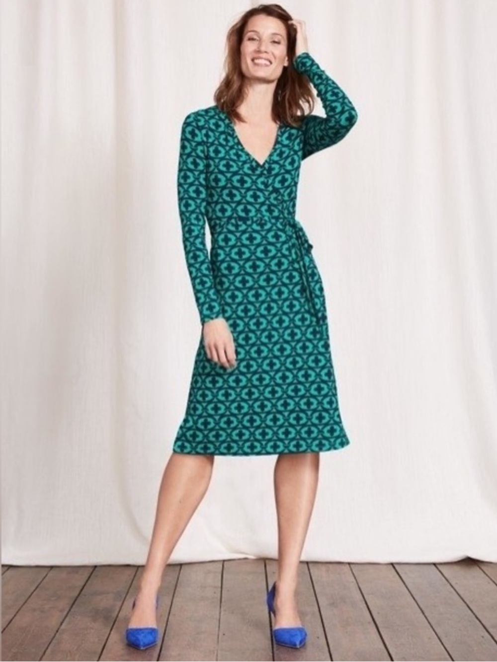 Boden Green Printed Wrap Dress Long Sleeve Viscose Blend Size 2 - Picture 4 of 13
